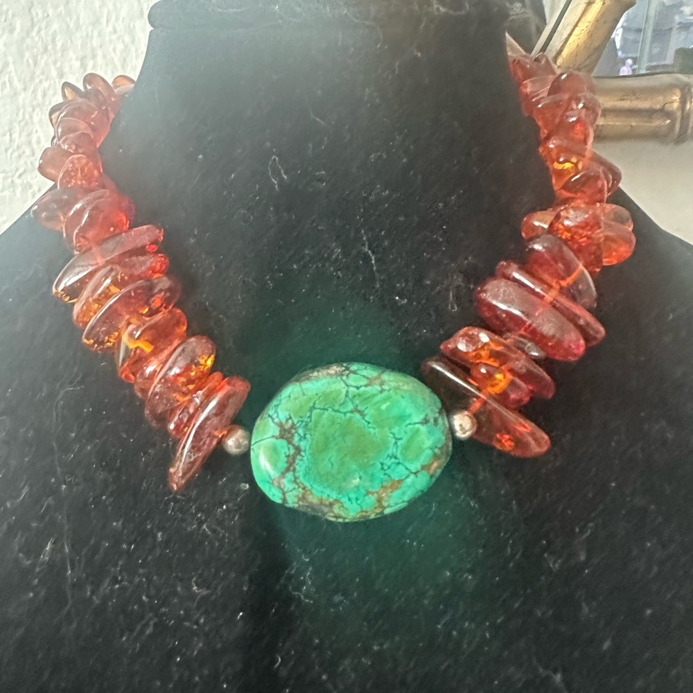 Baltic Amber and Turquoise 925 silver Statement Necklace